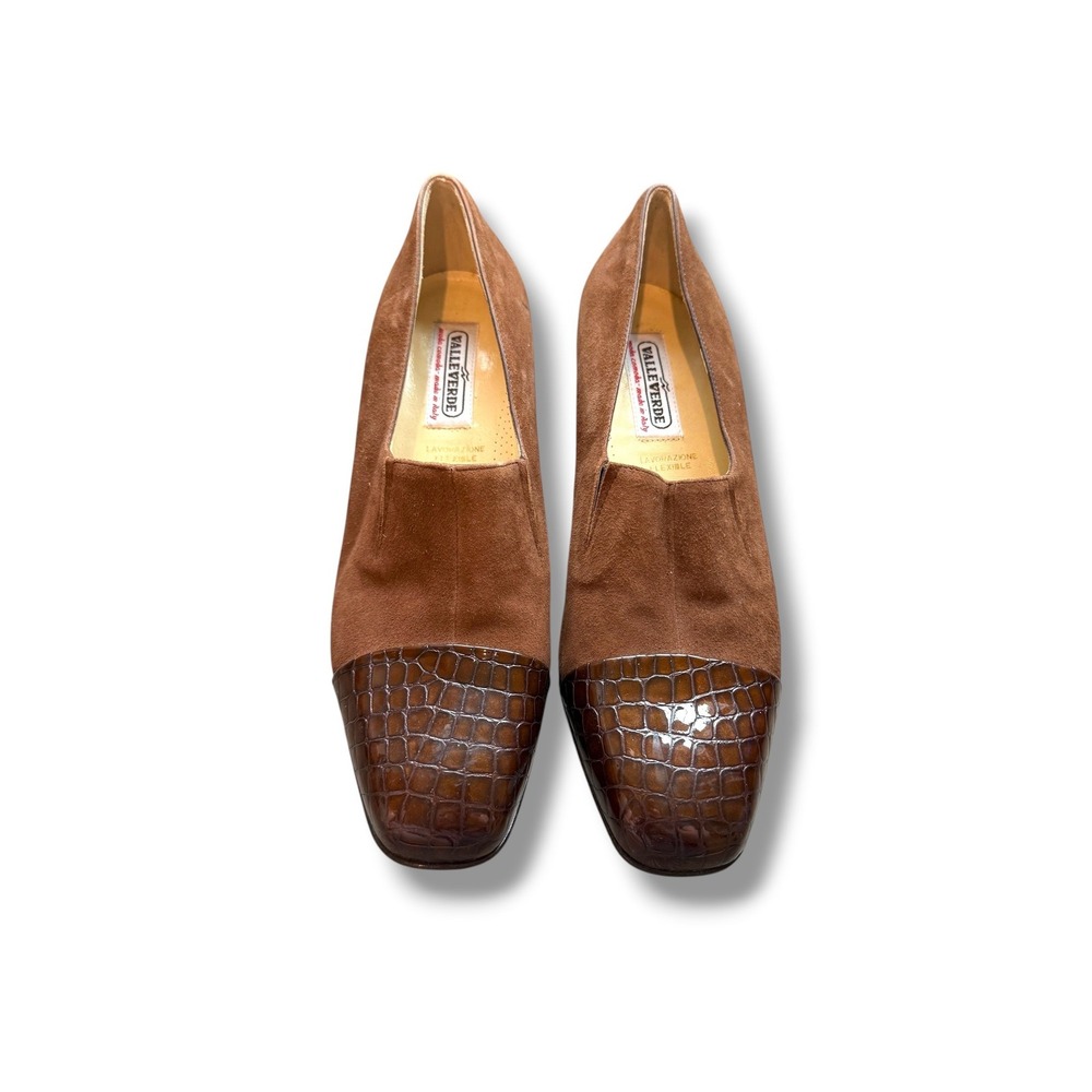 Valleverde Pumps Womens 39 Brown Suede Croc Cap Toe Block Heel Made in Italy